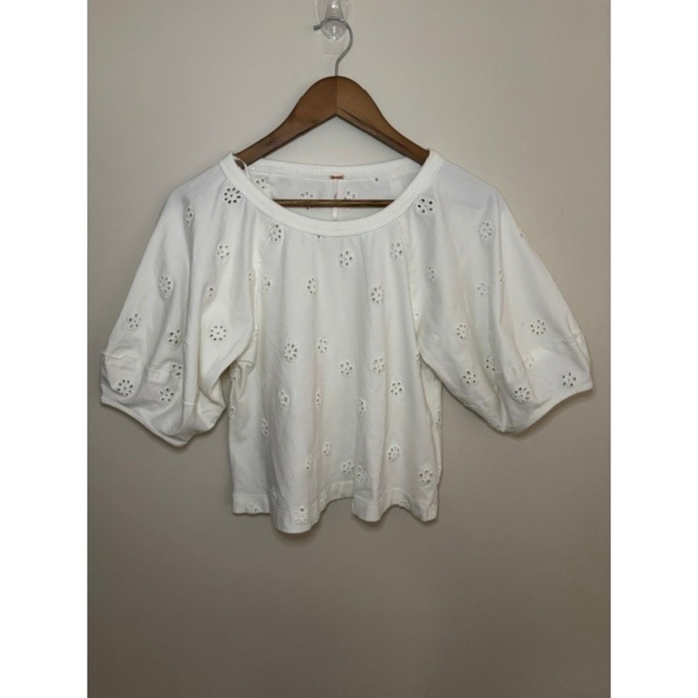 Free People White Jesse Eyelet Puff Sleeve Top Floral Boho Cotton Blouse Small